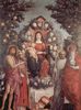 Andrea Mantegna: Madonna mit Heiligen, Szene: Maria mit Christuskind und Heiligen, links: Hl. Johannes der Tufer, Hl. Gregor I. der Groe, rechts: Hl. Benedikt und Hl. Hieronymus mit Kirchenmodell