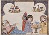 Arabischer Maler um 1275: Das Bankett der Ärzte des al-Mukhtâr ibn al-Hasan ibn Butlân, Szene: Der erwachende Arzt findet eine tafelnde Gesellschaft in seinem Hause vor