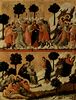 Duccio di Buoninsegna: Maestà, Altarretabel des Sieneser Doms, Rückseite, Hauptregister mit Szenen zu Christi Passion, Szenen: Judaskuss und Gebet auf dem Ölberg