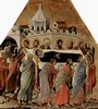 Duccio di Buoninsegna: Maestà, Altarretabel des Sieneser Doms, Vorderseite, Altarbekrönung mit Szenen zum Marientod, Szene: Begräbnis Marias