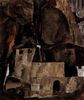 Egon Schiele: Mauer und Haus vor hügligem Gelände mit Zaun