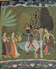 Indischer Maler um 1660: Râgmâlâ-Serie, Szene: Vasanta Râginî (Frühling), Krishna tanzt zur Musik zweier Mädchen