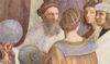 Raffael: Stanza della Segnatura im Vatikan für Papst Julius II., Wandfresko: Die Schule von Athen, Detail: Zoroaster (Pietro Bembo, links hinten), Ptolemäus (Rückenfigur), Raffael (links hinten), Sodoma (Miche
