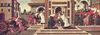 Sandro Botticelli: Serie von vier Gemälden zum Leben des Hl. Zenobius von Florenz, Szene: Heilung eines vom einem Fuhrwerk überfahrenen Kindes und Vorhersage seines eigenen Todes