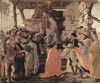 Sandro Botticelli: Zanobi-Altar, Anbetung der Heiligen Drei Könige, mit Darstellung der Mitglieder der Medici-Familie als Könige: Cosimo (kniend), Piero und Giovanni (Rückenfiguren im Mittelpunkt) und Angehörige des Med