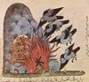Syrischer Maler um 1310: Kalîla und Dimma von Bidpai, Szene: Die Krähen fachen mit ihren Flügeln das Feuer an, die Eulen verbrennen