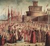Vittore Carpaccio: Gemäldezyklus zur Legende der Hl. Ursula, Szene: Begegnung der Pilger mit dem Papst